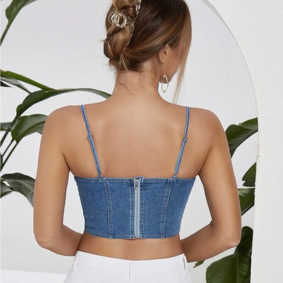 Zipper Back Bustier Crop Denim Cami Top - Picture 2 of 3